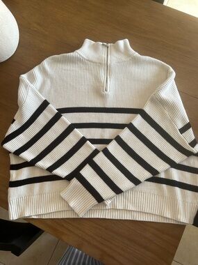 Mango White & Black Striped Half-Zip Turtleneck Sweater